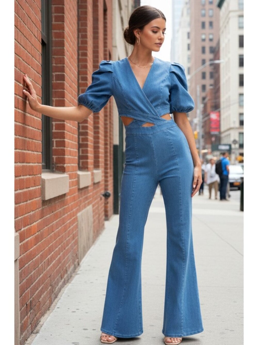 Cutout Puff Sleeve V-neck Jean Flare Pants One-Piece Zipper Back Denim Jumpsuit
